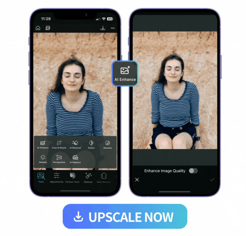 collage UI of PhotoDirector's Edit features and upsclaed image